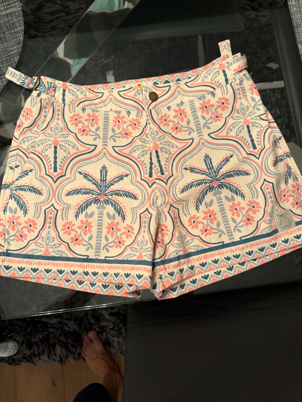 Printed Palm-Print men’s Swim trunks in Coral & Blue